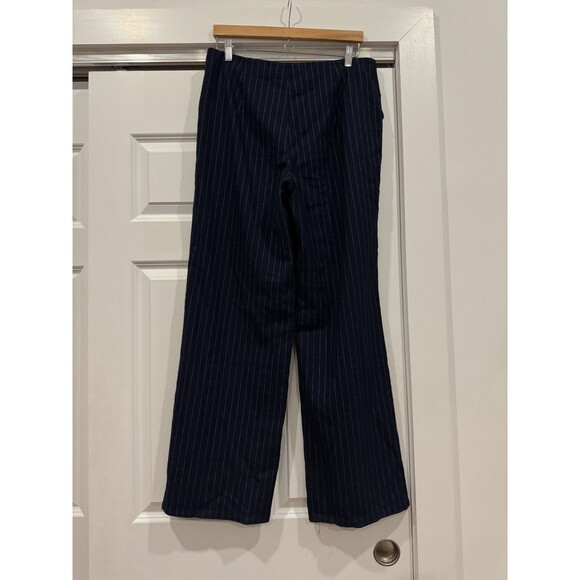 Saemdi Womens Navy L Pinstripe Overlapping Twill Free People Wide Leg Pants - Picture 2 of 11